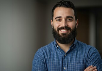Obraz premium A handsome and friendly bearded man with dark hair wearing a blue plaid shirt smiles confidently with his arms crossed