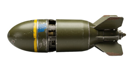 An old, olive-drab military aerial bomb, battle-scarred and meticulously cross-sectioned, revealing cold steel mechanisms on a transparent background, concept of aged military engineering