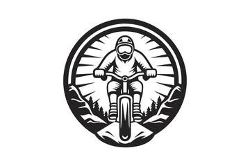Biker Riding Mountain Bike in Forest Vector, Minimalist Graphic, Sport, White Background