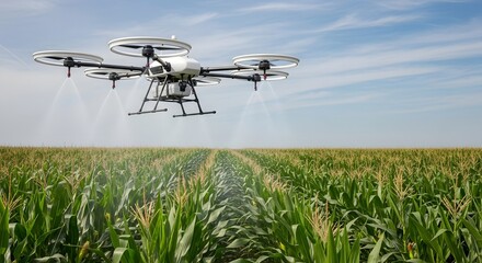 Aerial drone spraying a cornfield under a blue sky with light clouds on a sunny day in agriculture