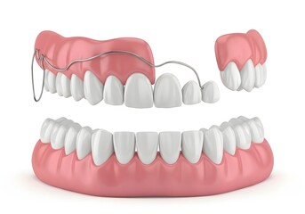 Obraz premium A set of dentures with a metal wire and pink gums displayed on a white background in a studio shot