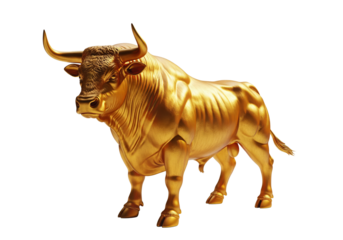 Majestic golden bull, symbolizing strength in financial markets and powerful investment strategies for wealth creation, a bold statement of prosperity,png isolated on transparent background