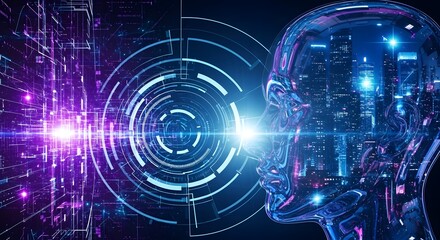 Fototapeta premium Artificial intelligence head with city skyline and digital grid overlay in blue and purple tones