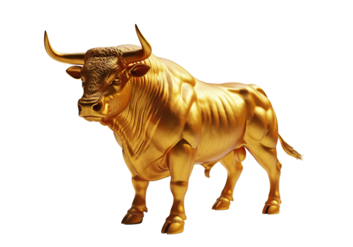 Majestic golden bull, symbolizing strength in financial markets and powerful investment strategies for wealth creation, a bold statement of prosperity,png isolated on transparent background