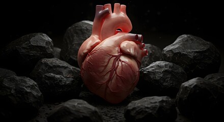 realistic human heart placed on black stones in dramatic lighting