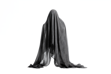 Draped figure under black striped sheer fabric, isolated on white transparent background