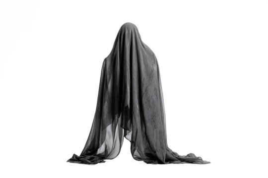 Draped figure under black striped sheer fabric, isolated on white transparent background