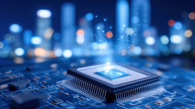 Close up view of microchip with glowing elements, symbolizing technology and innovation, set against blurred city skyline night. image conveys sense of advanced technology and digital