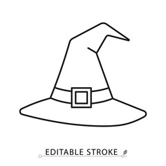 A witch hat icon in a minimalist line style with editable stroke. Halloween costume accessory, magic wizard headwear, spooky sorcery element, fantasy party clothing, witchcraft garment concept.