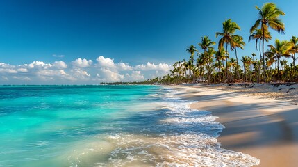 High quality image of beautiful tropical beach with palm trees and turquoise water in punta cana. © riptii rittika