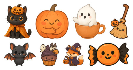 Fototapeta premium PNG Cute Halloween-themed cartoon stickers, element set on transparent background