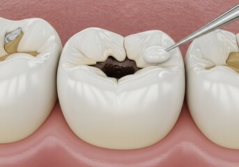 A dental filling being applied to a molar with other teeth and gums visible in the background