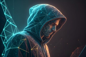 Mysterious hooded figure immersed in glowing cyberpunk holographic data streams and technology