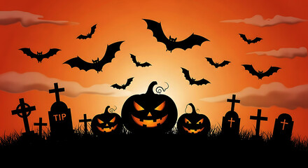 Spooky halloween night with bats flying over a graveyard and pumpkins