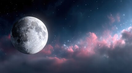 Detailed Pixelated Moon in Night Sky with Nebula Clouds and Stars