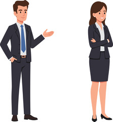 Business man presenting in suit, business woman standing confident, professional teamwork, corporate office attire, leadership, communication, success, partnership, career