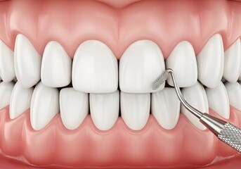 Close up of teeth being examined with a dental tool in a simulated dental examination setting
