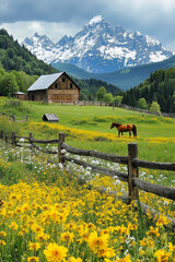 A horse standing in a field of yellow flowers next to a wooden fence