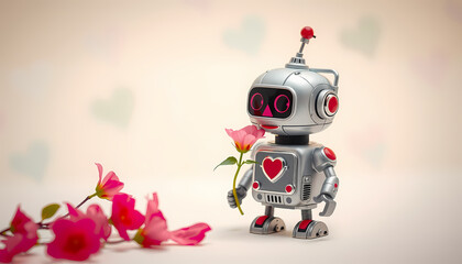 Robot holding a flower stands on a soft background with pink petals nearby, capturing a moment of charm and whimsy Generative AI