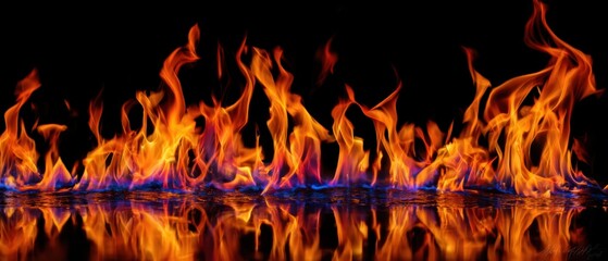 The captivating dance of flames with vivid reflections in darkness.