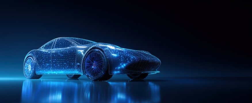 The futuristic digital car illuminated in a high-tech environment.