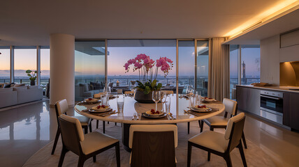 Elegant dining room set for a formal meal with a stunning ocean view at sunset.