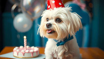 Dog wearing a party hat at a birthday celebration with a cake and balloons in a colorful setting Generative AI