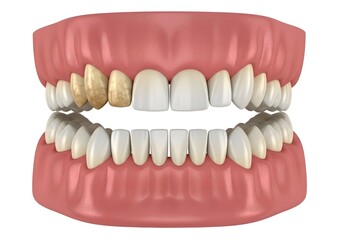 Fototapeta premium A dental model showing teeth with some discoloration on the upper teeth against white background