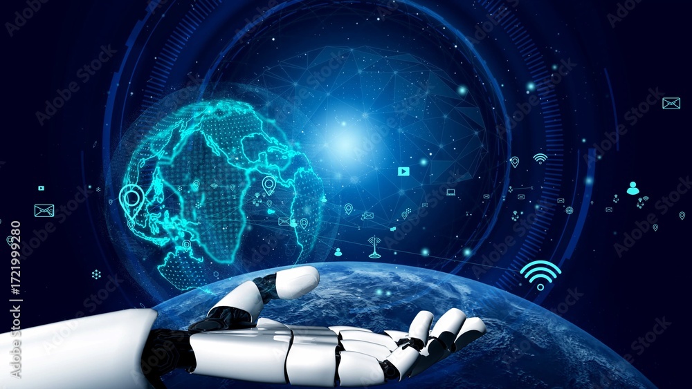 Poster a futuristic robot hand reaches out towards a digital representation of earth, symbolizing innovatio