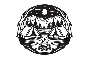 Black and White Camping with Tents, Bonfire, Mountains, and Starry Sky