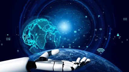 A futuristic robot hand reaches out towards a digital representation of Earth, symbolizing innovation and connectivity in the realm of artificial intelligence and technology. Xenic
