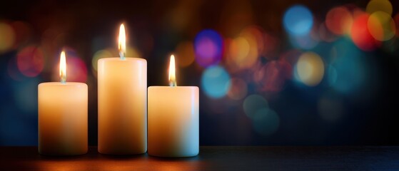 The Tranquil Glow of Three Burning Candles on a Soft Background