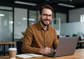 Obraz premium Smiling businessman wearing glasses and a brown shirt works on a laptop in a modern office holding a pen and looking at the camera