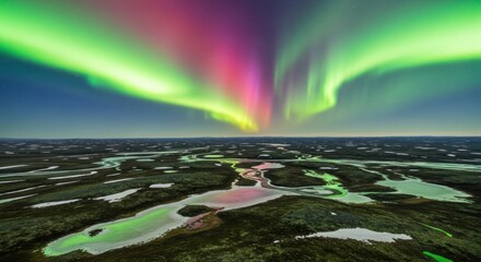 Majestic Aurora Borealis Lights Up a Vast Arctic Tundra Landscape with Winding Rivers and Frozen Lakes Under a Starry Night Sky