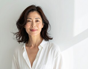 ゆるやかな髪と穏やかな表情の日本人女性（40代）