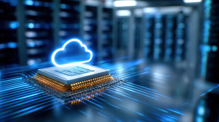 Futuristic microchip with glowing cloud symbol represents cloud computing technology. image conveys innovation and connectivity in digital environment, showcasing advanced data processing