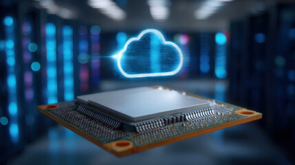 Microprocessor with cloud symbol above it, representing cloud computing technology in data center environment. image conveys innovation and digital transformation