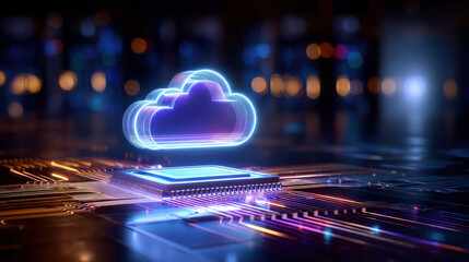 Glowing cloud symbol representing cloud computing technology is displayed above microchip circuit board, showcasing futuristic digital environment. vibrant colors and intricate details highlight