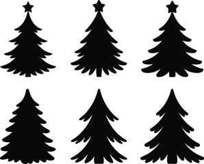 Black and White Christmas Tree Icons with Different Decorative Elements, Holiday Themed Tree Silhouettes, Winter Celebrations