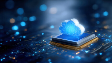 Digital representation of cloud symbol microchip, showcasing advanced technology and connectivity. image conveys sense of innovation and modern computing, emphasizing integration of cloud services