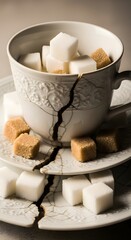 Broken cup with sugar cubes and brown sugar represents a sweet but fragile life