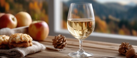 A glass of white wine rests on a wooden table adorned with autumn decorations and delicious food, illuminated by warm sunlight