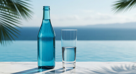 Blue glass bottle with water and glass on table near ocean view  