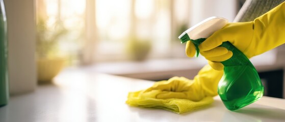 The person using a spray bottle and cloth to clean a countertop.
