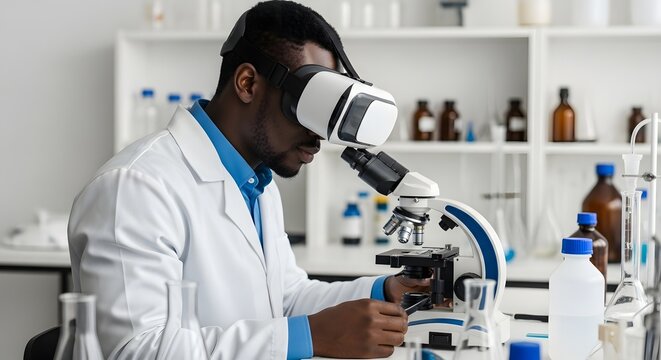 Man in lab coat and vr headset using microscope in laboratory with shelves and bottles behind him
