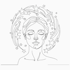 Dreamy Face with Stars Line Art