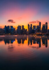 City skyline reflecting on water at sunset with orange and purple sky background
