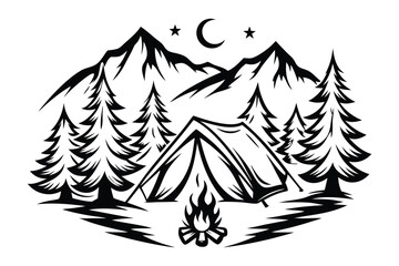 Black Camping Tent, Fire, Pine Trees, and Mountain Landscape under Moon, Stars