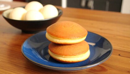 Stacked Japanese Pancakes on Blue Plate