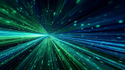 High quality image of abstract background with green and blue light trails and bokeh effect.